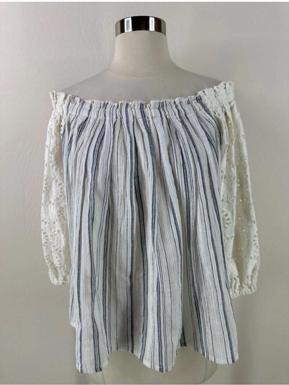 Sundance Off-Shoulder Striped Peasant Top with Lace Sleeves - White/Blue